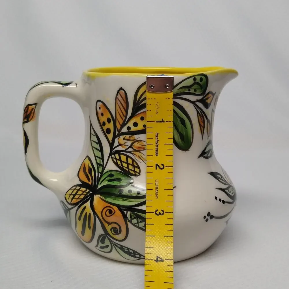 Studio Pottery Creamer Pitcher 1980 Vintage Pour Serveware Yellow Botanical 4